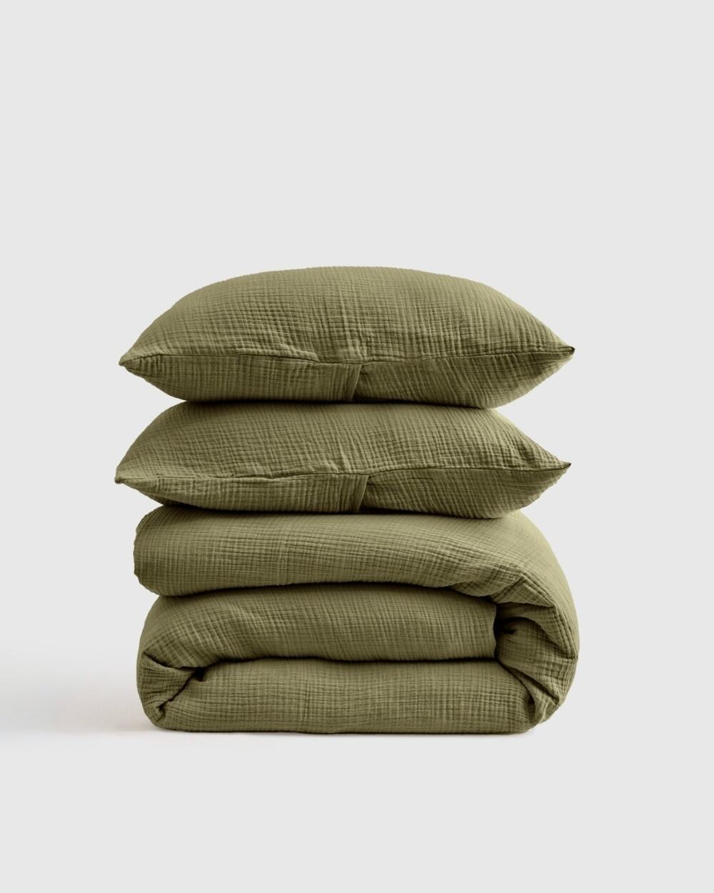 Quince Organic Cotton Gauze Airy Duvet Cover 3Pc Set King Cal King Olive Green